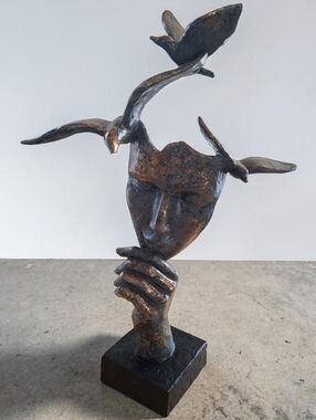 Gold-Tone Surreal thinker Face Resin Sculpture Abstract with Birds - art deco